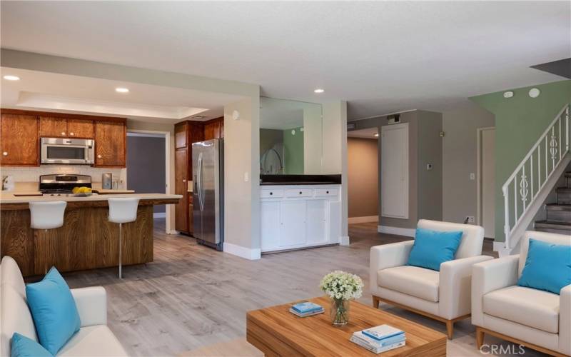 Living Room/Kitchen area with wet bar-Virtually Staged