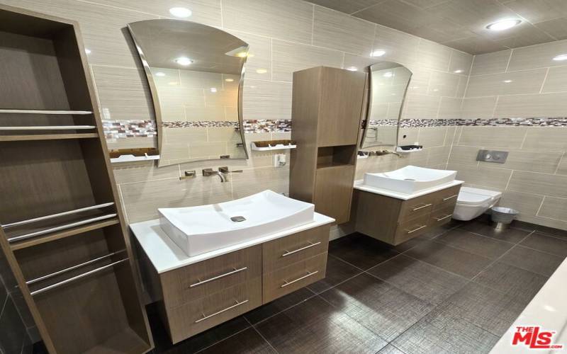 Designer floating vanities.