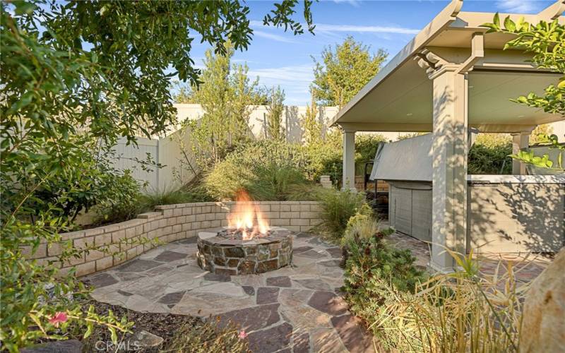 Backyard Firepit with Swim Spa to right