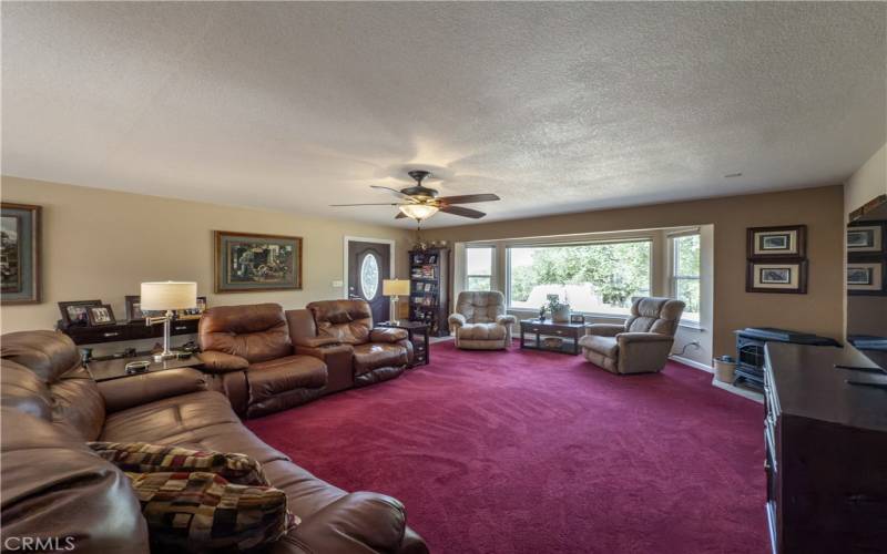 Spacious living room with pellet stove for cozy winter warmth!