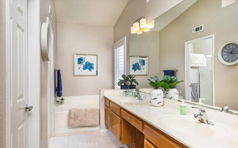 Primary bathroom with dual sinks.