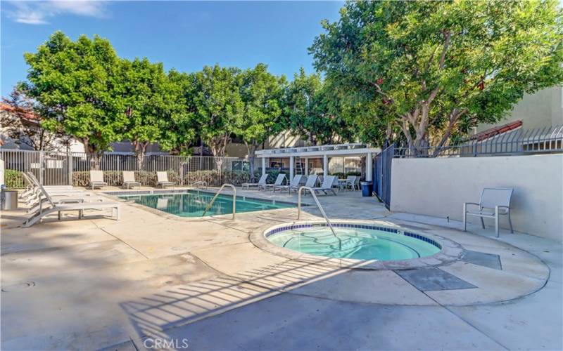 Pool and jacuzzi.  There are covered tables behind the lounge chairs.