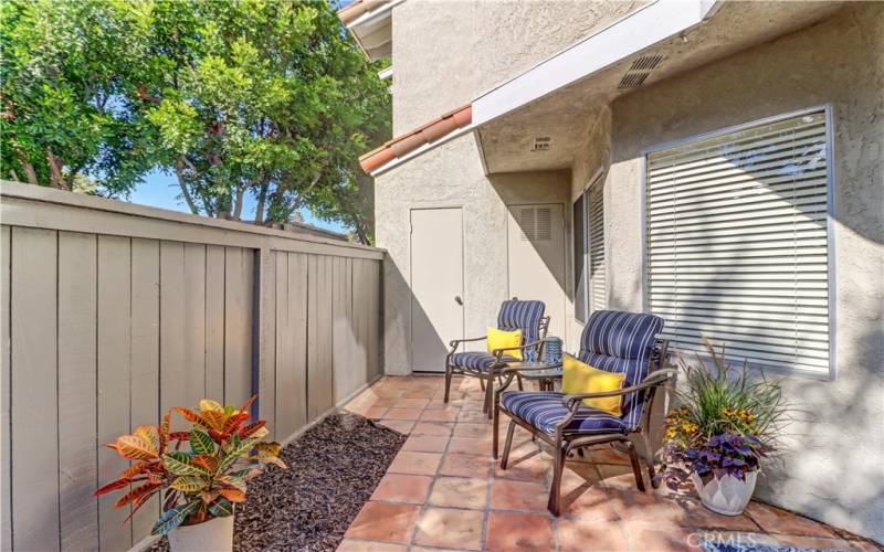 Patio area has a locking storage closet and water heater closet.