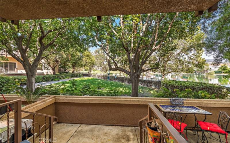 Large patio overlooking the greenbelt and lake