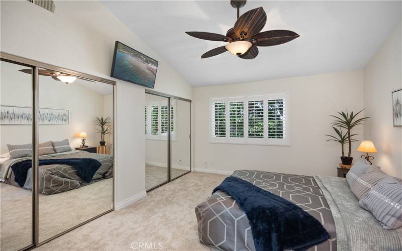 Primary Bedroom Suite with Plantation Shutters and Ceiling Fan/Light, Mirrored Wardrobe Doors