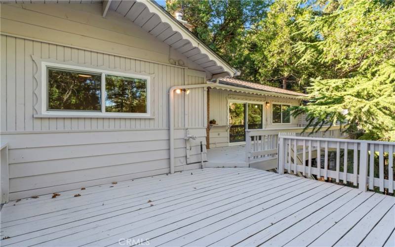 The principal living space extends out to an expansive deck, encircled by a stunning collection of evergreens, creating a secluded and tranquil outdoor sanctuary.