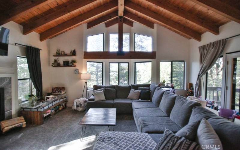 Living Room with Vaulted Ceiling, Beautiful Windows & Fireplace