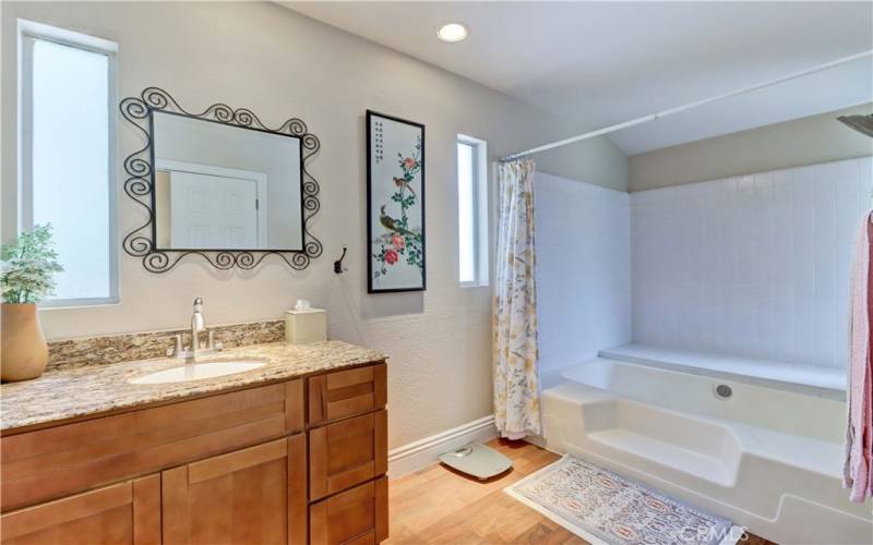 Primary bathroom has newer vanity and soaking tub/shower