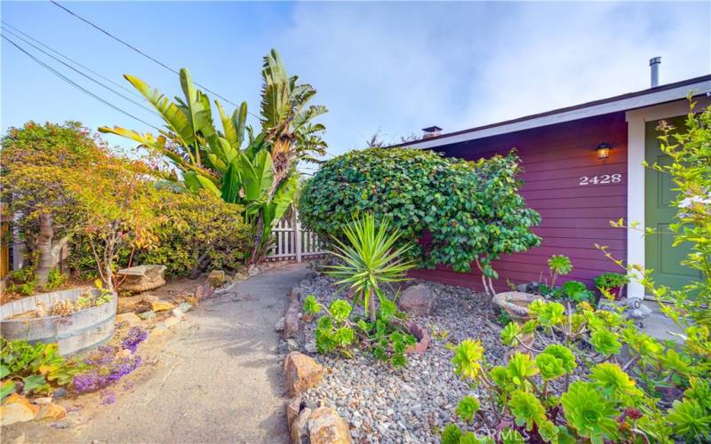 This dirt path leads around the home into the backyard.