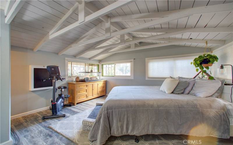 Iron-rod-styled windowing in corner of master bedroom.