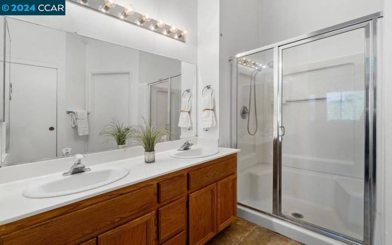 Primary bathroom with view of the shower.