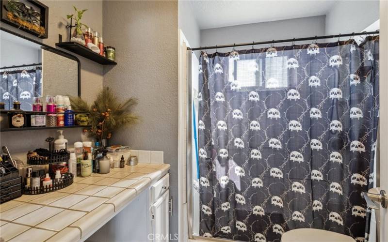 Upstairs main bathroom with vanity on one side and sink on the other.