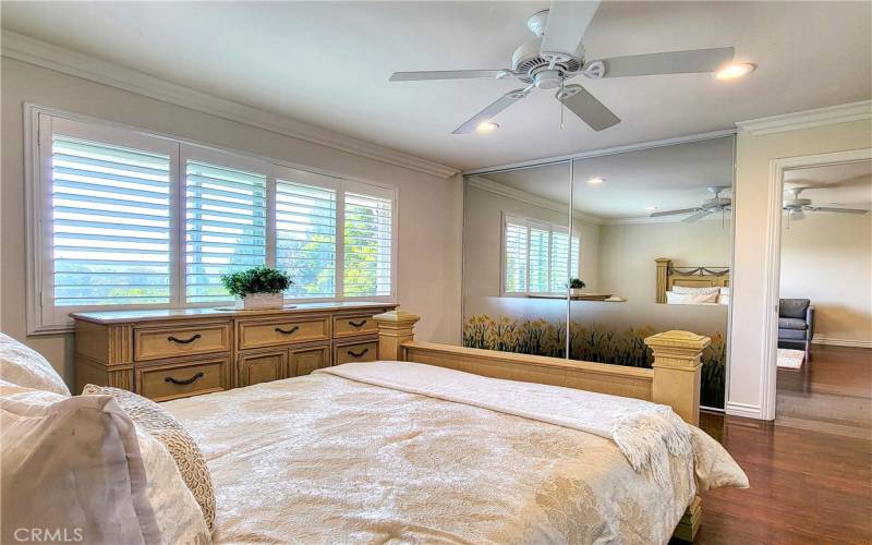 Mirrored wardrobe and ceiling fan.