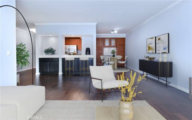 view of dining and kitchen from living room (with virtual staging)