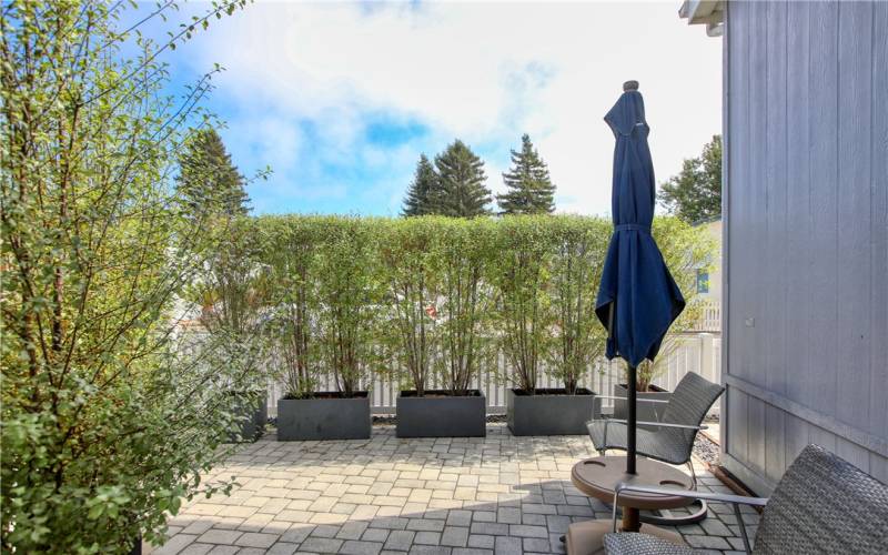 Secluded patio tucked in back corner with privacy shrubbery in planter boxes.