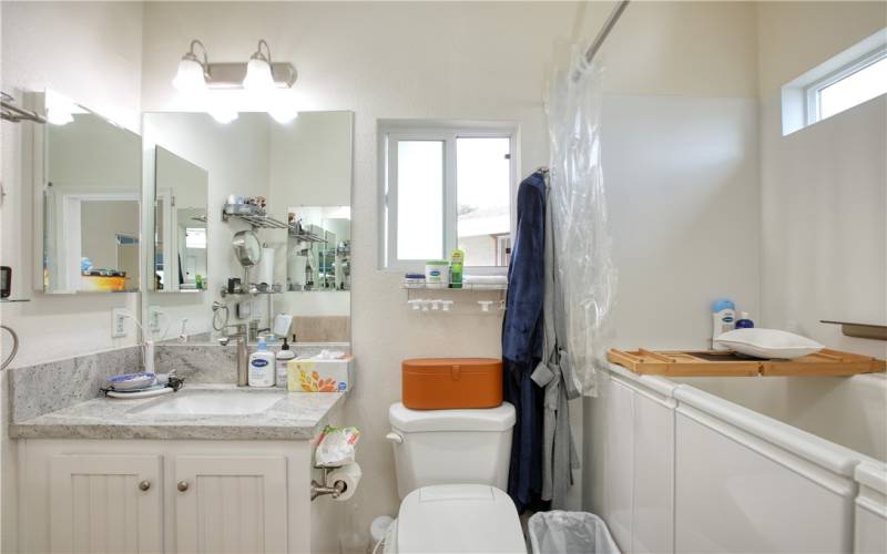 Primary bath with quartz counter, Kohler bidet and jetted walk-in tub with shower.