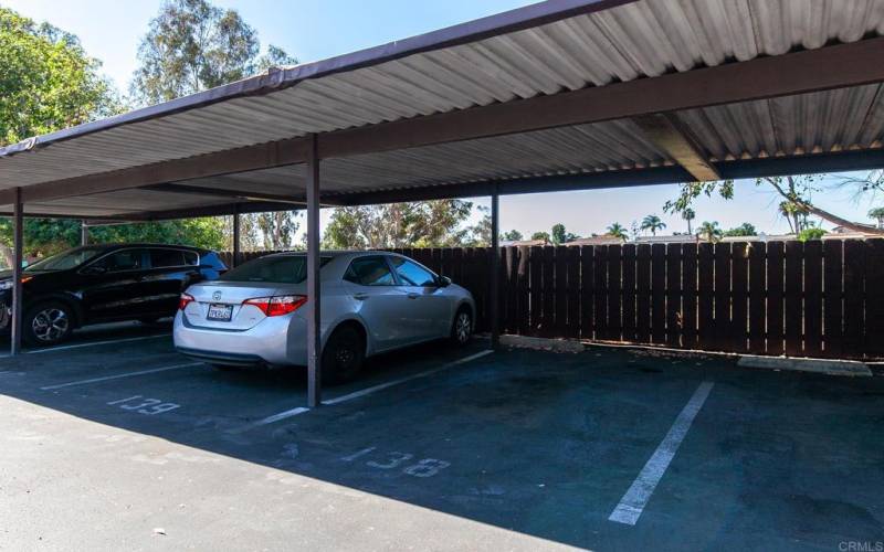 1 assigned covered parking space. Many street parking spaces available.