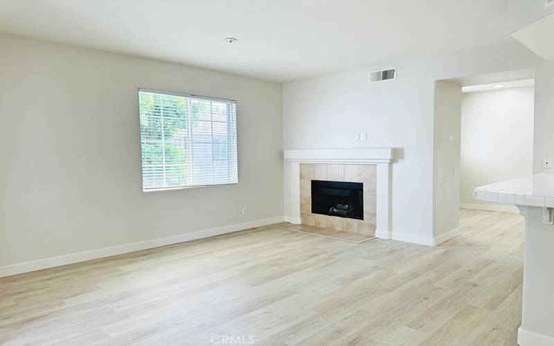 Living room with fireplace open to the kitchen