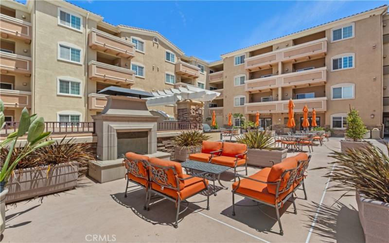 The central courtyard patio with its outdoor fireplace