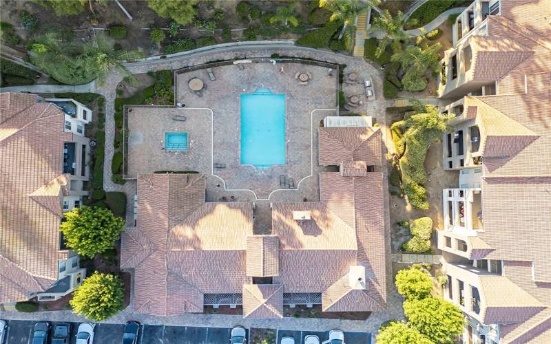 Aerial of clubhouse, pool and spa