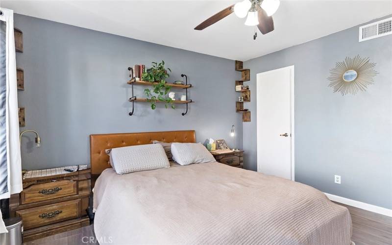 bedroom with custom paint, ceiling fan and walk-in closet