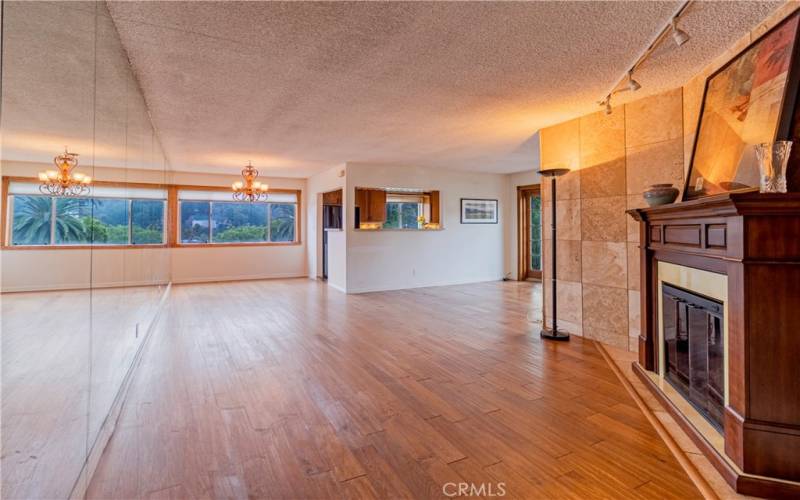 fireplace, wood floors, view of the hills