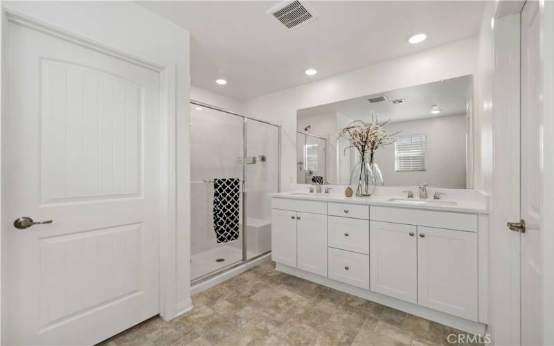 Primary bathroom w door to walk-in closet to the left