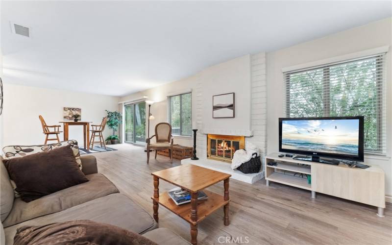 From this angle you are in the living room, see the fireplace, see part of the dining room, and slider that leads to the backyard patio.