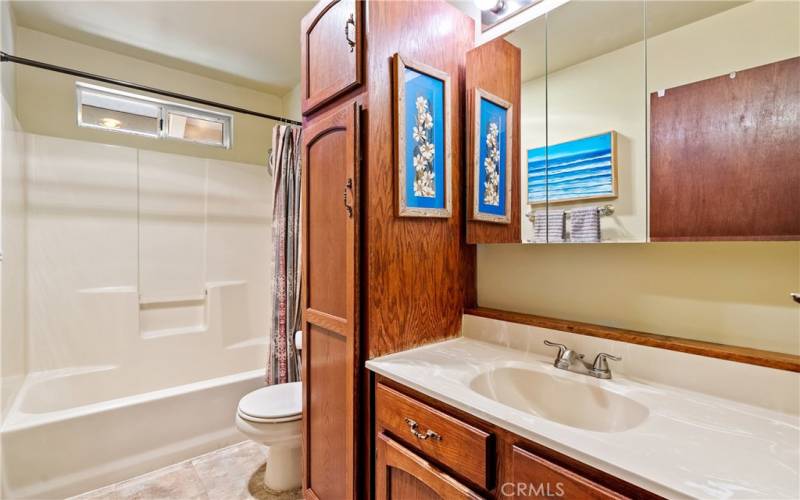 On the opposite side of the home, off the kitchen, is the main bathroom which features a sizable vanity and cabinets for storage.