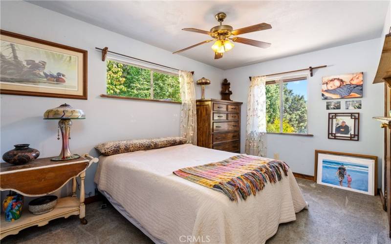 Bedroom 2 features plush carpet, ceiling fan and views of the woods.