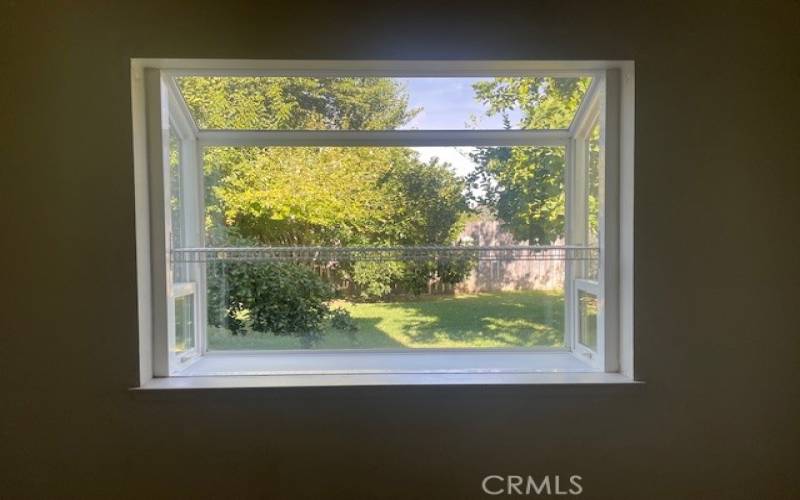 Picture window in dining room showing backyard