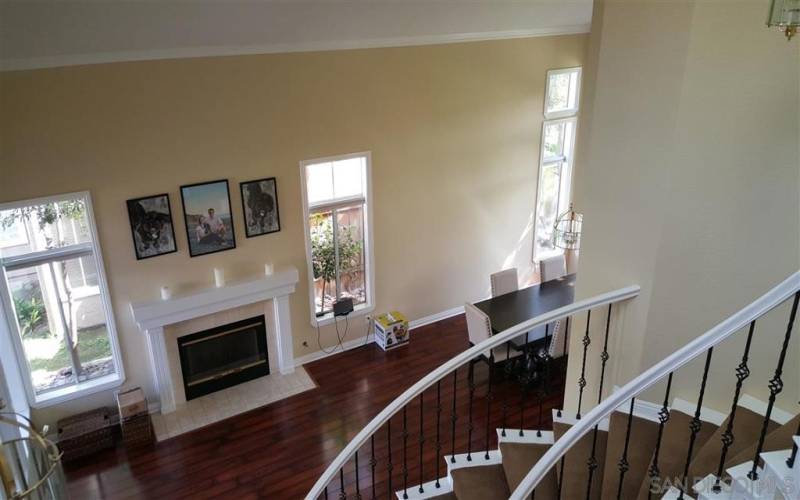 Looking down to Living Room/Dining Room area from second floor hallway