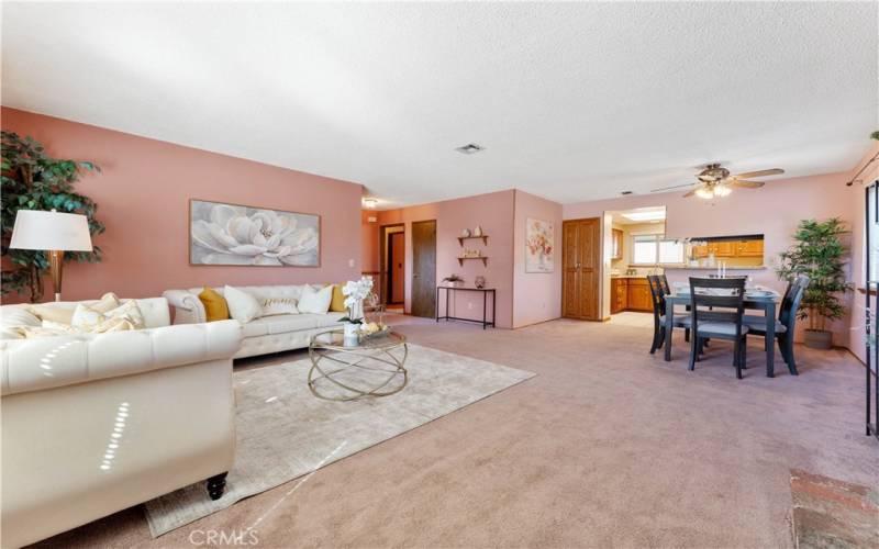 Entry has a closet for shoes/coats. Right of closet is a perfect area for a credenza to have for your drop station. Roomy living and dining area.