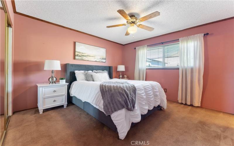 Primary bedroom with two closets and private en suite. Window faces the backyard.