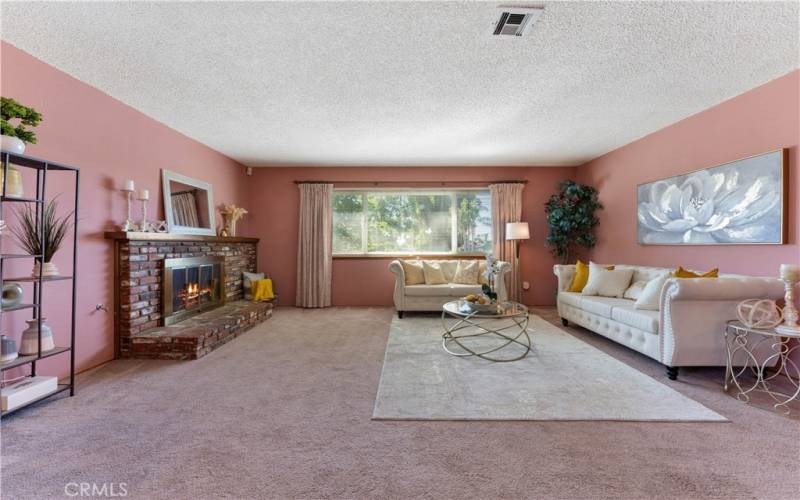 Large picture double paned window overlooking the neighborhood from living room that is large in size to accommodate the popular sectionals if you like. Fireplace has photoshopped fire.