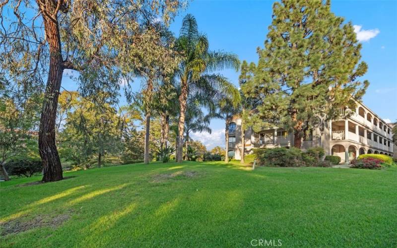 Beautiful greenery and landscape surround the building.