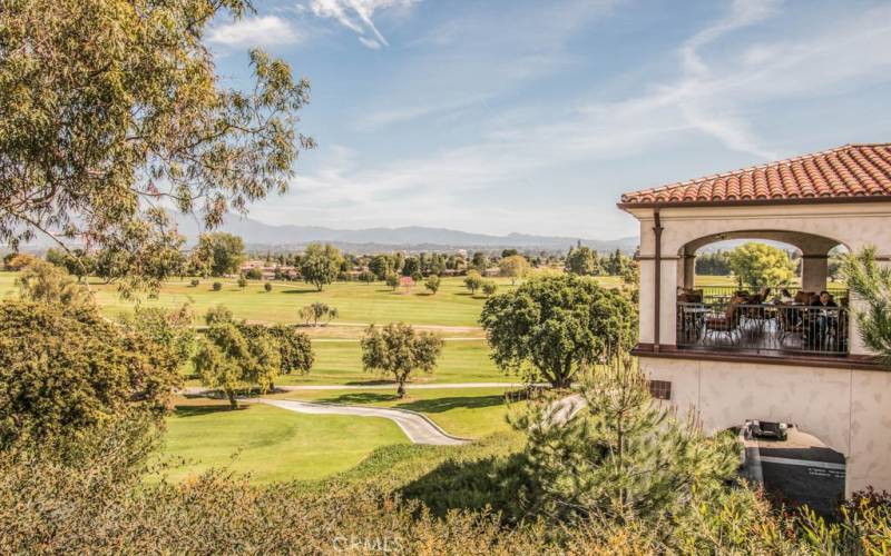 The patio of the restaurant overlooks the 27 hole golf course.