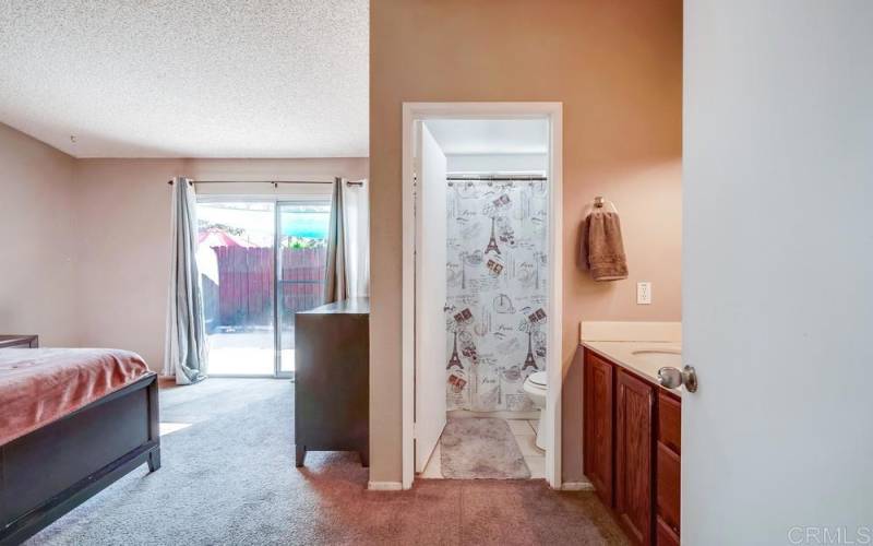 View from the hallway; master bathroom is to the right and a long, deep closet is to the left