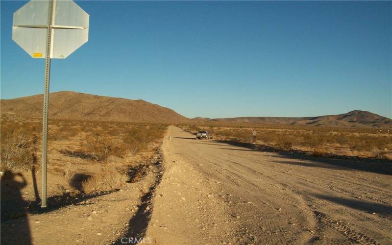 View looking East down Smoke Bush Rd. Trash can on left is approximately where southwest corner begins.