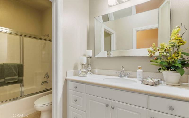 Beautiful hallway bathroom with tub in shower