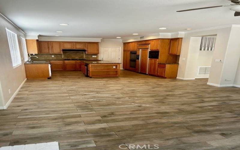 Expansive family room/kitchen area.