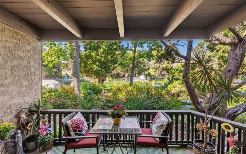 The fenced in patio with wonderful views of the water and nature.