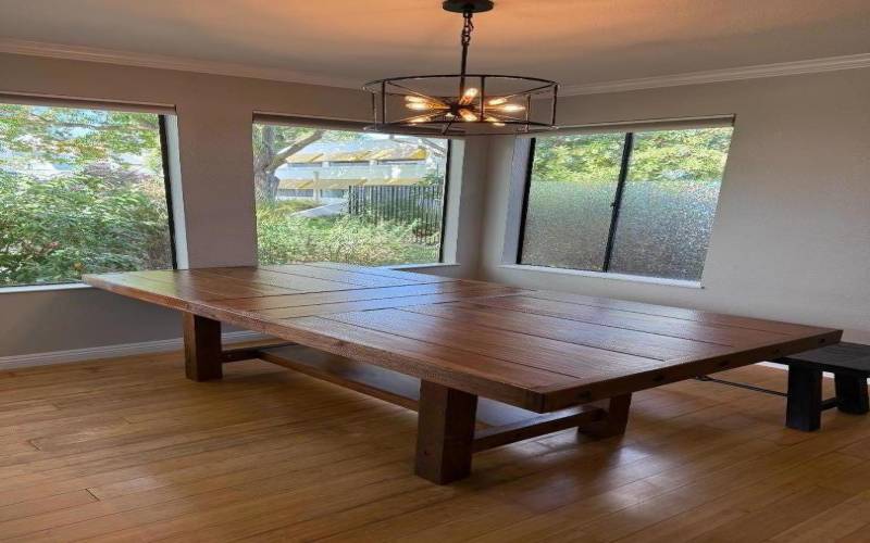 Dining area furnished with dining table and bench seat