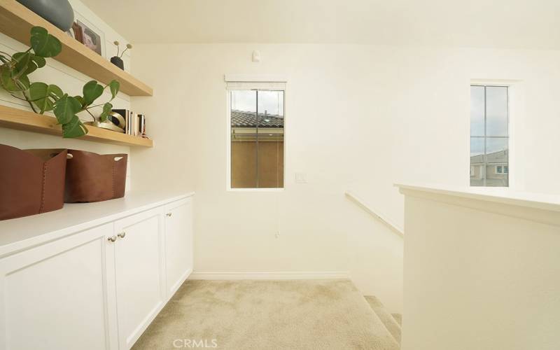 Custom wood shelves and paneled wall