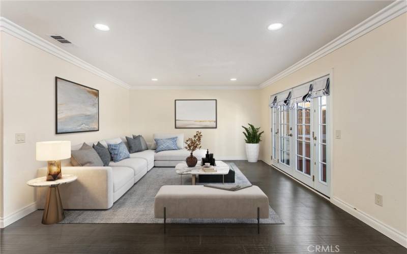 Virtually staged family room off of kitchen