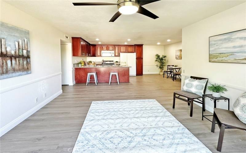 Open concept living room, kitchen, dining