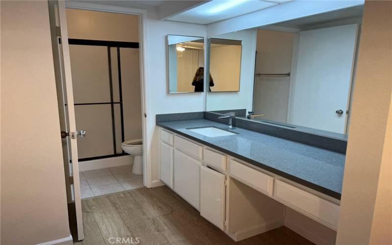 primary suite walk in closet vanity area & bathroom