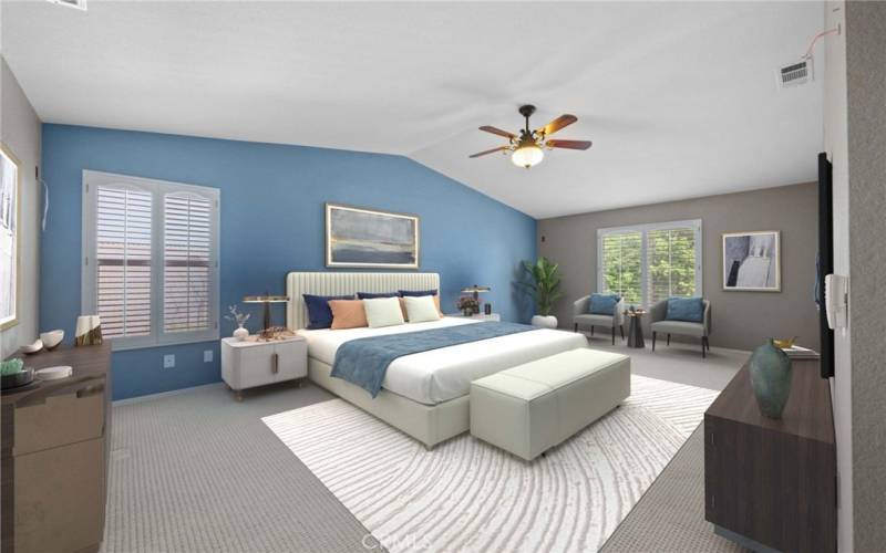 Primary bedroom, includes a full bathroom with walk-in closet, bath tub, separate walk-in shower, double vanity area and sinks with storage underneath.