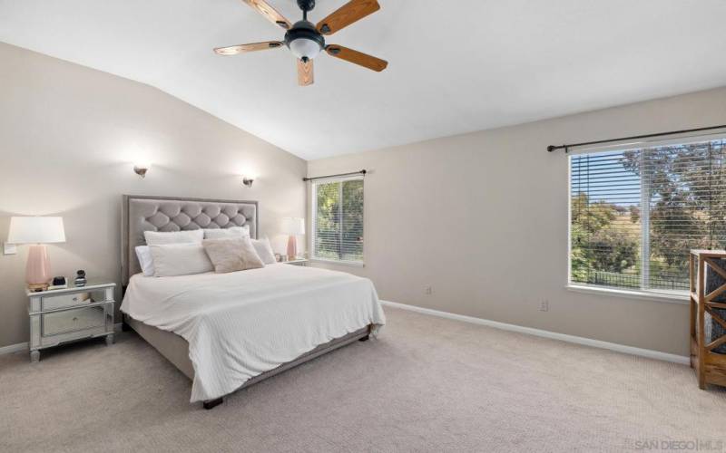 Primary bedroom w/ vaulted ceiling.