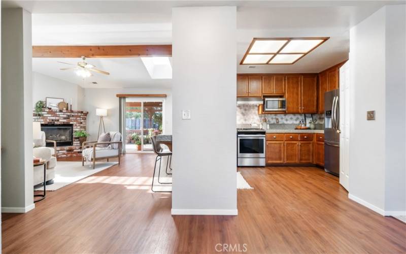 View from dining area towards kitchen and family room